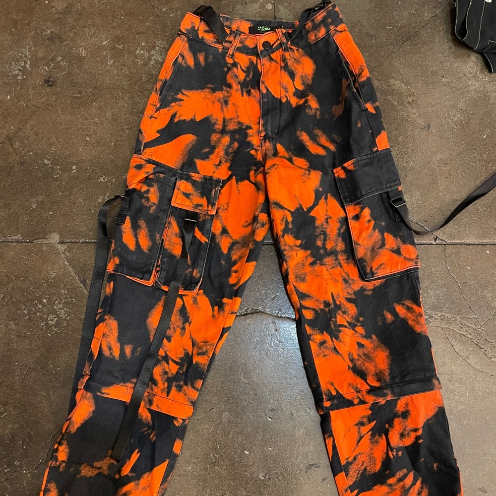 orange and black tie dye cargo pants